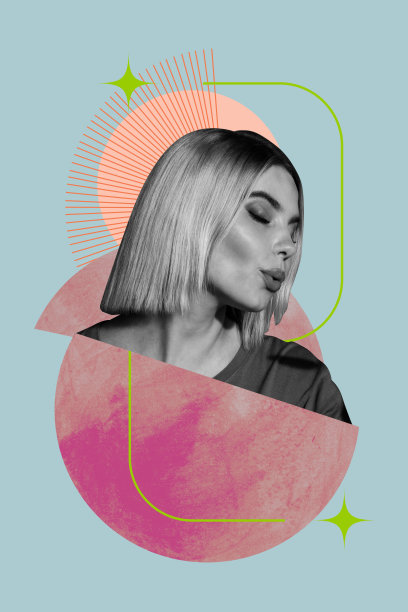 横幅竖版照片拼贴，快乐漂亮女孩站在几何图形旁，气泡沟通语音图标，聊天框对话图片下载