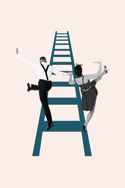 现代垂直照片拼贴，展示两位快乐的商业伙伴，男孩女孩一起攀登职业阶梯，象征成功与发展理念。图片下载