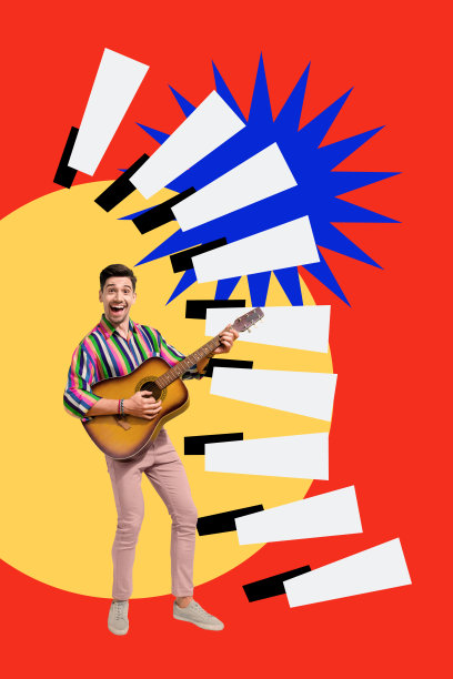 趋势艺术复合横幅 3D 照片拼贴，展示年轻男孩在夜晚休闲俱乐部派对上弹吉他的音乐才华爱好图片下载