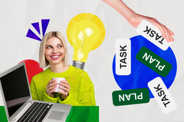 趋势模板草图设计 3D 照片拼贴，年轻女士在远程办公室中手持杯子，任务计划创意，灯具，拼图，创业思考拼图图片下载