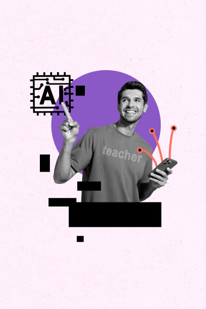 3D照片拼贴模板趋势艺术作品，年轻男教师微笑着用手指指向，手持智能手机，秋季学术远程课程。图片下载