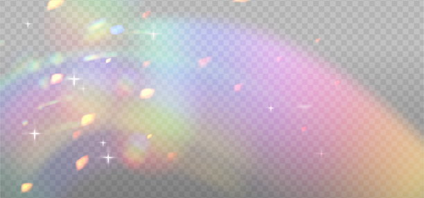 彩虹弧线在浅色格子背景上闪烁，伴有光斑或反射玻璃的动态效果。闪烁的粒子适合社交媒体照片拍摄。矢量图。图片下载