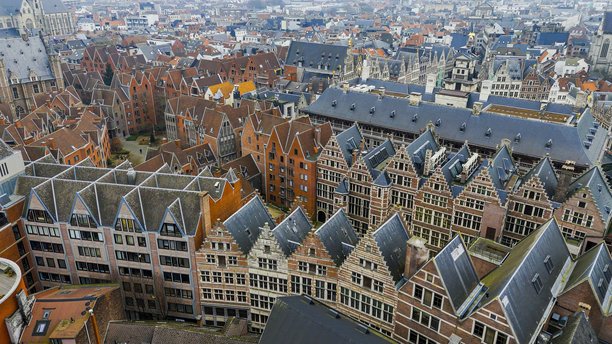 比利时安特卫普历史建筑的鸟瞰图，展现哥特式和弗拉芒建筑，重叠的屋顶和狭窄的街道，带有中世纪魅力的全景城市风光，旅行与文化遗产概念的照片内容图片下载