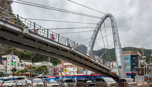 韩国乌龙岛海岸边的五彩斑斓的建筑和行人步道桥。照片拍摄于阴天。图片下载