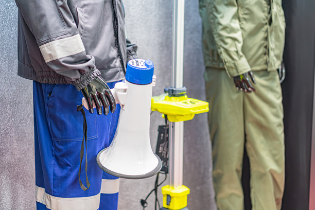 一具穿着蓝白色西装的模特，面向右侧，背景为灰色，人工照明投射出柔和的阴影，附近可能有展示物品，没有可见的文字，抓拍风格的照片。图片下载