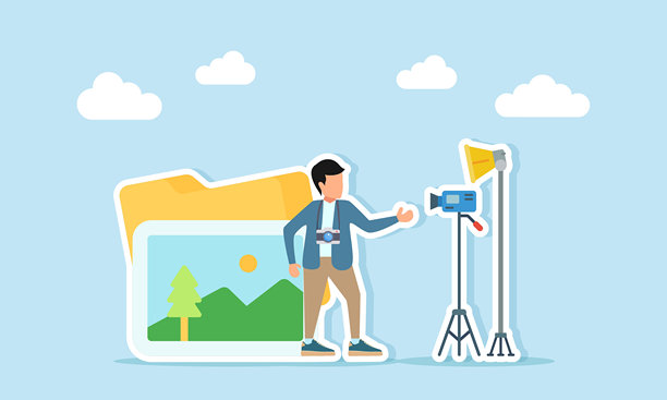 摄影师站在画廊相册文件夹前，旁边有落地灯和相机，展示为拍摄照片或视频设置场地的插图图片下载