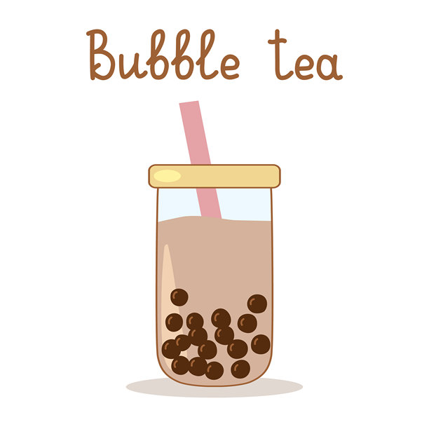 玻璃罐中装有珍珠奶茶，粉色吸管和黄色盖子，带有字母标识图片下载