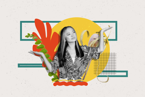 复合设计艺术作品，花季植物花束的照片拼贴，叶子，自然，年轻女士手势展示选择，思考心智图片下载