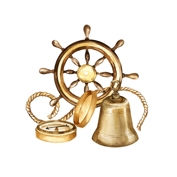 水彩复古棕色纹理的船舵，旧金属生锈的铃铛，海洋绳索，老旧的导航罗盘，海洋插图，白色背景上的孤立图像，适用于海洋图片图片下载