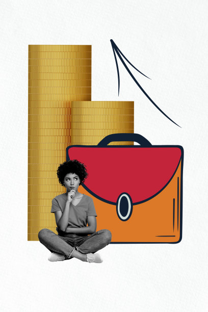 年轻女士坐在行李箱上思考，周围是一堆硬币，象征投资收益、市场财富和银行的上升箭头的复合3D照片拼贴设计趋势草图图片下载