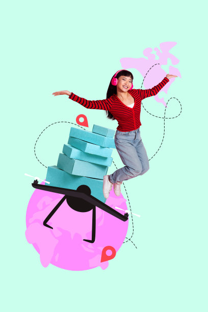 快乐的邮递员女孩和男孩的垂直杂志潮流照片拼贴，展示无人机配送服务、地理定位地图和货物运输。图片下载