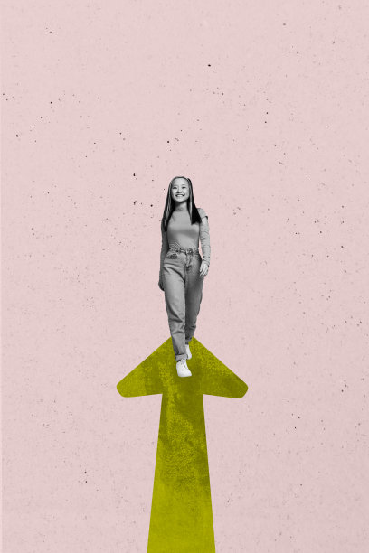 快乐女商人站在箭头发展指示器旁的艺术图像素描照片拼贴，象征统计进展与职业成长概念图片下载