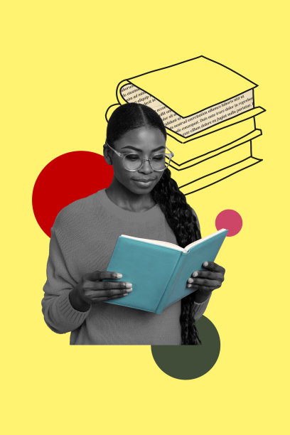 趋势模板草图设计 3D 照片拼贴，年轻女性手持打开的书籍，在图书馆阅读，学生教育学习知识图片下载