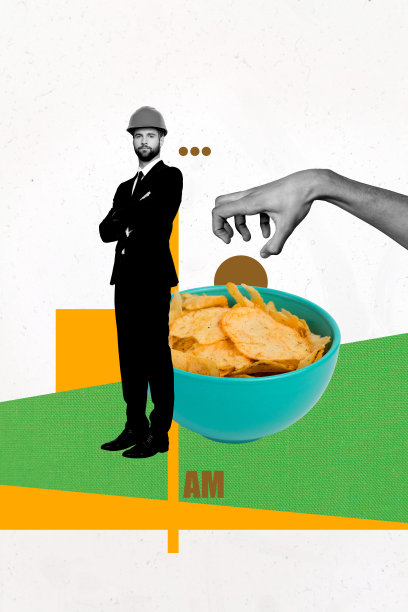 严肃的建筑师男士穿着安全头盔，手中拿着一碗脆脆的薯片，构成的竖版艺术照片拼贴。图片下载
