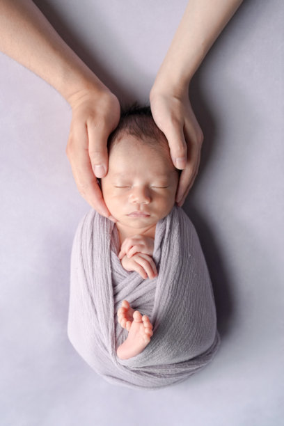 一张专业的照片，展示了一名两周大的日本婴儿被柔软的包裹布包裹着，安静地睡在浅紫色背景上。父母的双手温柔地一起抱着婴儿，充满爱意。图片下载