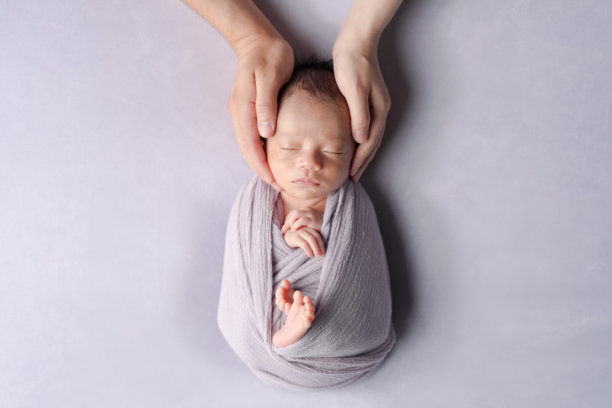 一张专业的照片，展示了一名两周大的日本婴儿被柔软的襁褓包裹，安静地睡在浅紫色背景上。父母的双手温柔地一起抱着婴儿，充满爱意。图片下载