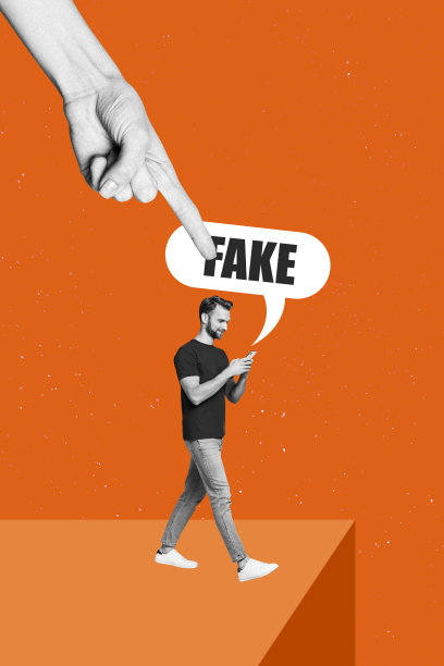 趋势艺术横幅草图 3D 照片拼贴，手指指向年轻男子走路时手持手机，假新闻控制误导性宣传图片下载