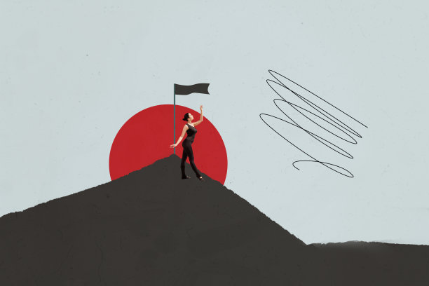 快乐的商人和商女人在职业发展道路上站立，旗杆上悬挂着成功的图标的3D杂志照片拼贴图片下载