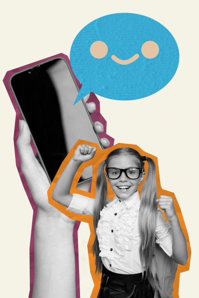 快乐的学前女孩站着，手持手机，展示人工智能应用技术的垂直照片拼贴画图片下载