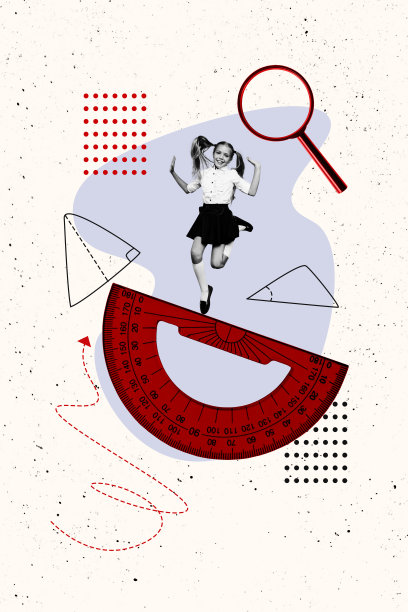 拼贴艺术作品照片模板，描绘一位年轻女学生站在平衡尺上，手持放大镜，背景为秋季的课堂。图片下载