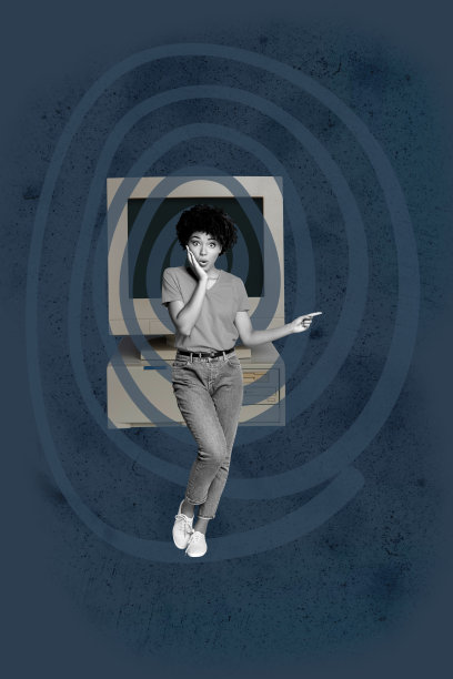 艺术横幅，垂直照片拼贴，快乐的男孩女孩站在催眠涂鸦旁，假新闻宣传，电脑显示器，网络欺凌图片下载