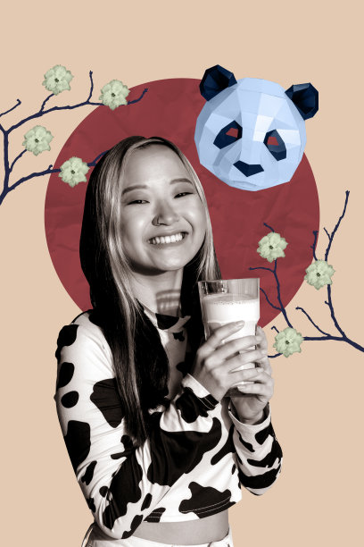 海报素描图像艺术作品，3D照片拼贴，展示东方文化传统元素，戴着熊猫面具的年轻女士微笑着手持牛奶杯。图片下载