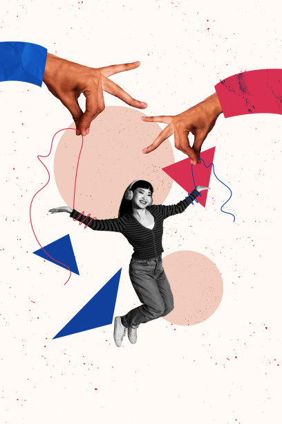 3D照片拼贴的草图模板设计，年轻女士手握绳索和手铐，听着音乐，戴着耳机，面带微笑，心情愉快。图片下载