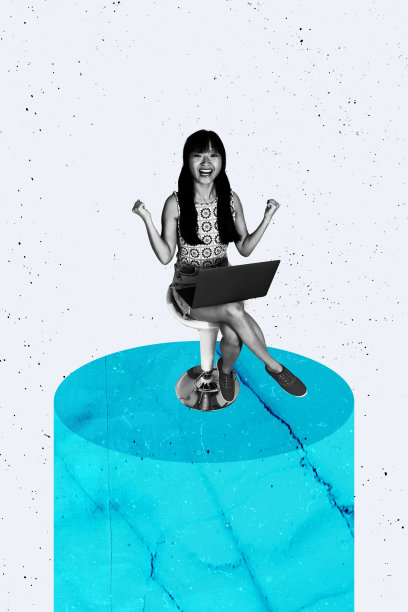 大理石平台上的年轻椅子、工作笔记本电脑、微笑的专业人士，招聘办公室经理的复合3D照片拼贴设计趋势草图图片下载