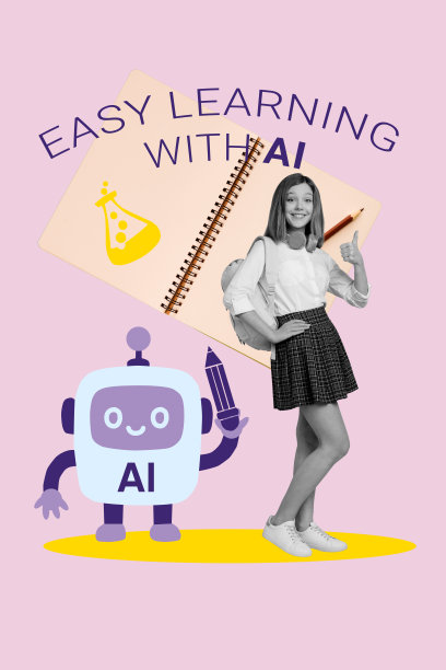 快乐的青少年女学生的艺术图像，竖版照片拼贴，展示了像是手势，打开记事本，助手应用，轻松学习与人工智能。图片下载