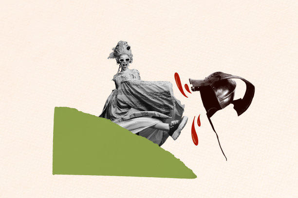 年轻女士踢击骑士的血腥头盔，展现贵族优雅、假发和历史奢华的3D照片拼贴艺术作品。图片下载