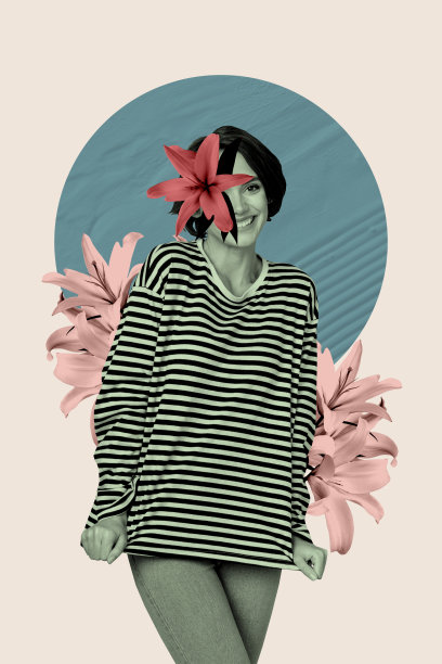 3D照片拼贴模板，趋势合成，百合花，半脸年轻女士微笑，模特摆姿势，花艺师，春季植物图片下载