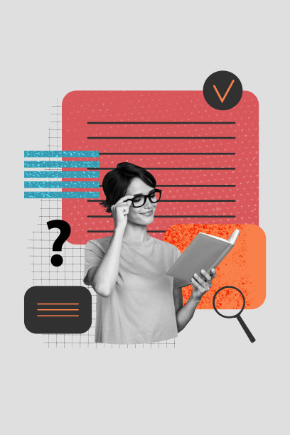 快乐女孩经理手持计划书，阅读者勾选批准标志的艺术图像竖版照片拼贴图片下载