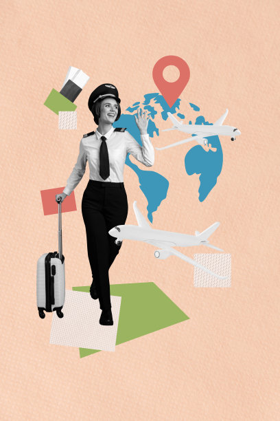 海报图像：垂直照片拼贴，快乐的女飞行员提着行李箱，手持地图，带有地理位置图标，旅行，飞机，乘客，护照，机票。图片下载