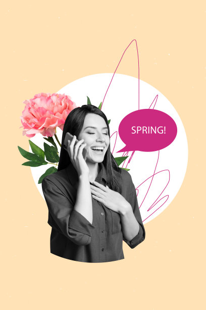 海报草图图像艺术作品，3D照片拼贴，年轻女士微笑，手持智能手机，迎接春天，讲话气泡，花朵植物盛开。图片下载