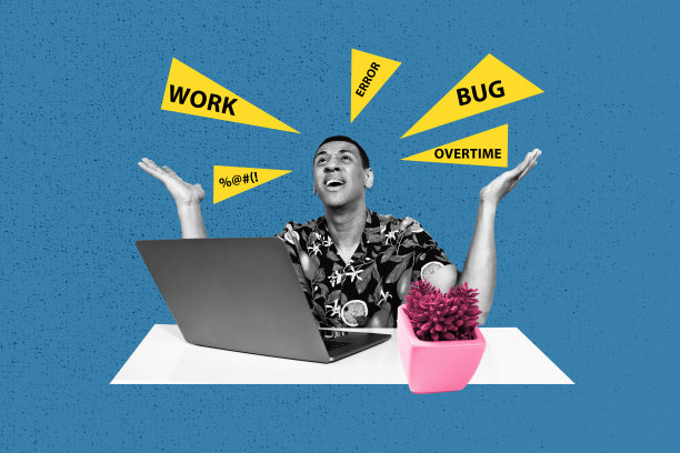 趋势艺术复合横幅 3D 照片拼贴，年轻男子因加班工作笔记本电脑出现错误而感到压力，招聘人力资源经理图片下载