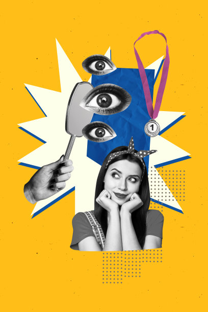 独特的垂直照片拼贴，展示了一个快乐而狡猾的女孩凝视镜子，进行美容程序，获得奖牌和胜利的瞬间。图片下载