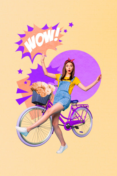 时尚的垂直艺术照片拼贴，快乐的嬉皮女孩站在复古自行车旁，花篮盛开，迎接春夏季节。图片下载