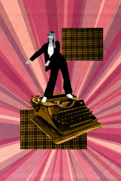 时尚的竖版杂志照片拼贴，快乐的女孩和男孩站在复古打字机旁，创作小说，图书馆里的虚构故事讲述。图片下载