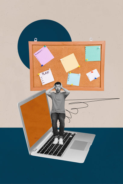 快乐的女商人与男商人在笔记本电脑前的竖版照片拼贴，展示了工作压力和公告板上的贴纸。图片下载