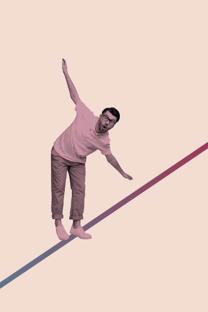 年轻男孩佩戴眼镜走在绳索上，双手张开保持平衡，惊讶的表情，3D照片拼贴艺术海报设计趋势。图片下载