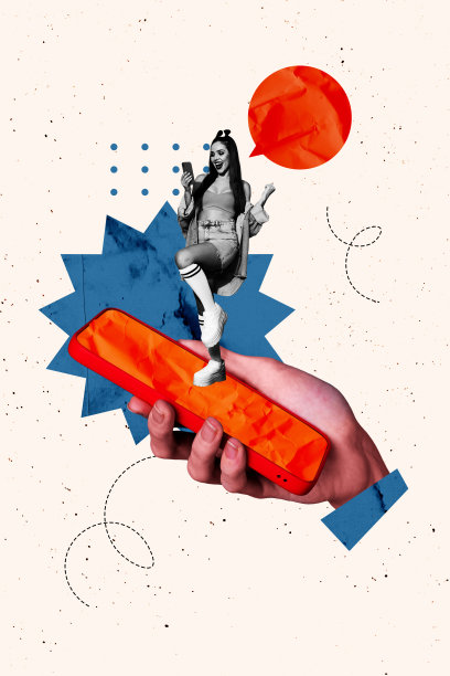 艺术图像，竖版照片拼贴，手持手机的时尚女孩，站在屏幕前，气泡交流，喋喋不休的对话。图片下载