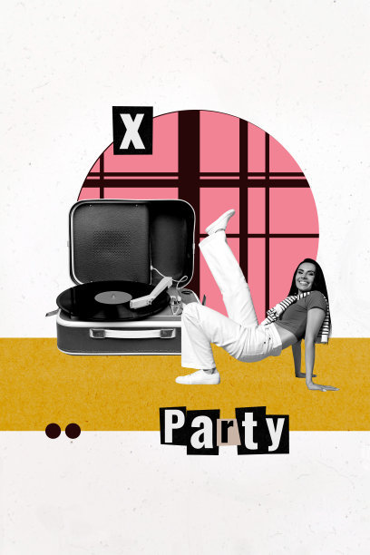 艺术图像，垂直照片拼贴，快乐的嬉皮女孩在复古黑胶唱片机旁跳舞，音乐爱好者派对庆祝活动，旋律热门歌曲图片下载