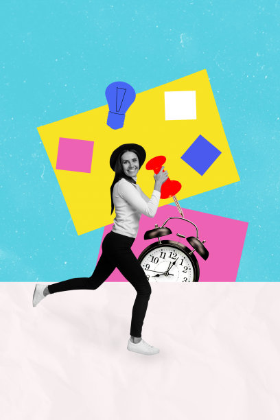 年轻女性微笑的复合素描设计，3D照片拼贴，手握时钟，时间、步行、创意、灯具、空缺、企业家、办公室、人力资源工作人员。图片下载