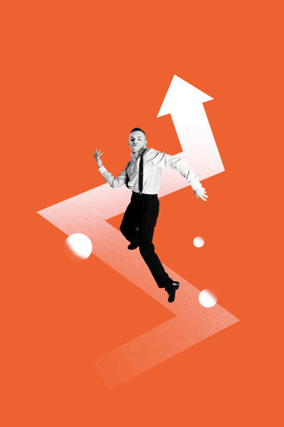 艺术图像，垂直照片拼贴，快乐的男人站在箭头指向发展概念，成功统计增长职业成就图片下载