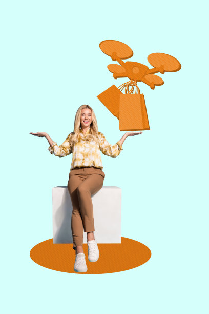 海报照片：快乐女孩坐在椅子上，操控无人机，快速送货，手提购物袋和商品的垂直拼贴画。图片下载