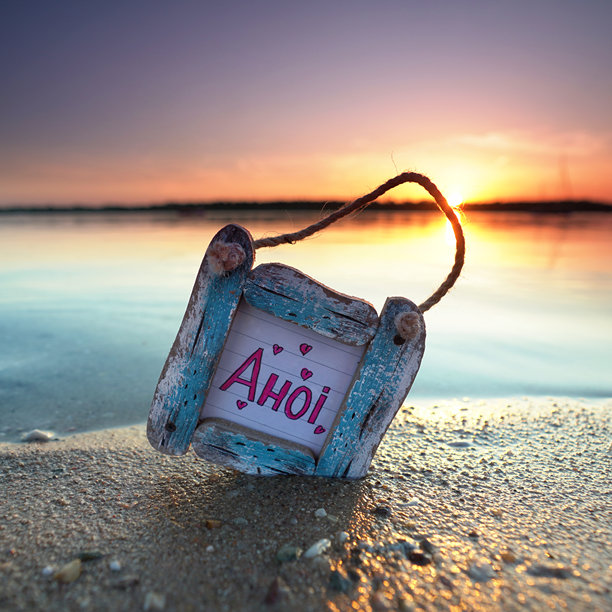 自制的古老复古风格的磨损相框，内含“AHOI”的图像，背景是风景如画的夏季海滩。图片下载