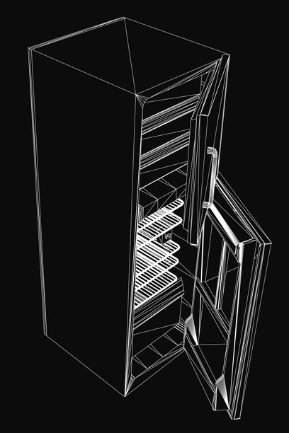 黑白色的3D冰箱模型，打开的门展示内部架子和隔间。干净现代的设计，具有细致的纹理和真实的光照效果。图片下载