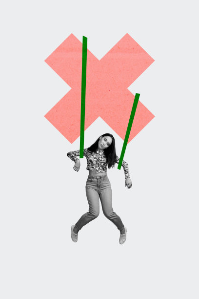 办公室工作人员经理人力资源招聘的3D照片拼贴趋势，年轻女士悬挂在交叉绳索上的压力玩偶姿势图片下载