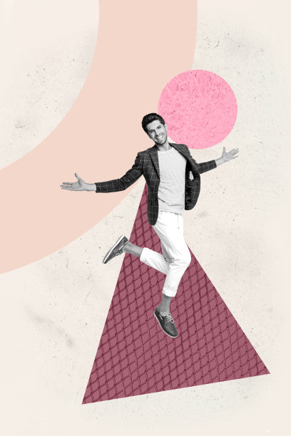 垂直海报艺术照片拼贴，快乐的女商人和男商人站在几何图形前，展示职业发展进步统计数据图片下载