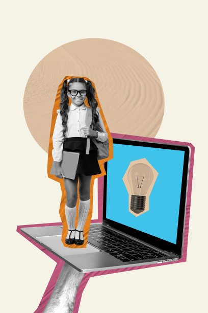 快乐的女学生手持笔记本电脑，站在灯泡旁，展示图像杂志趋势的照片拼贴，激发创新的AI生成创意。图片下载